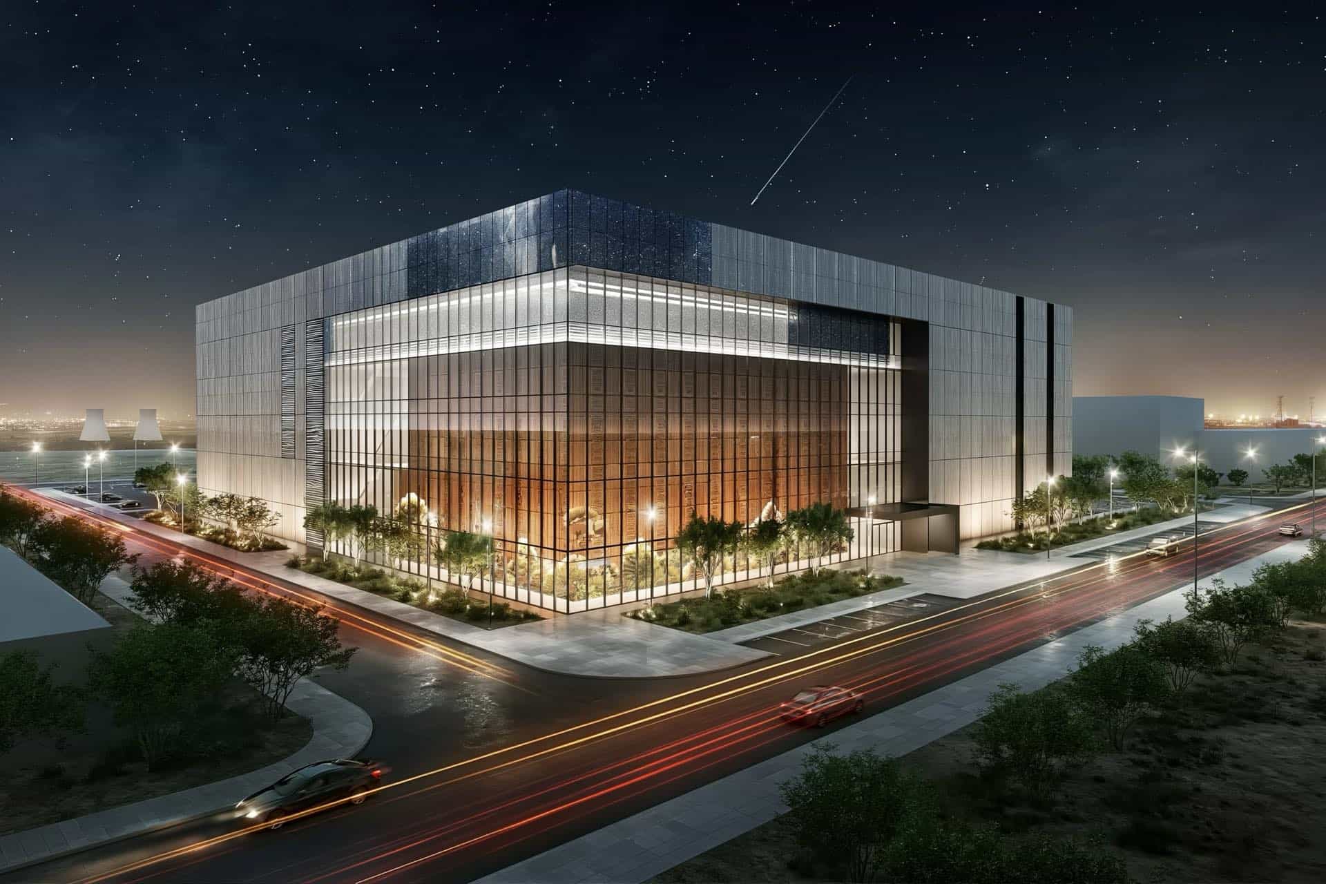 Large gray industrial concrete building